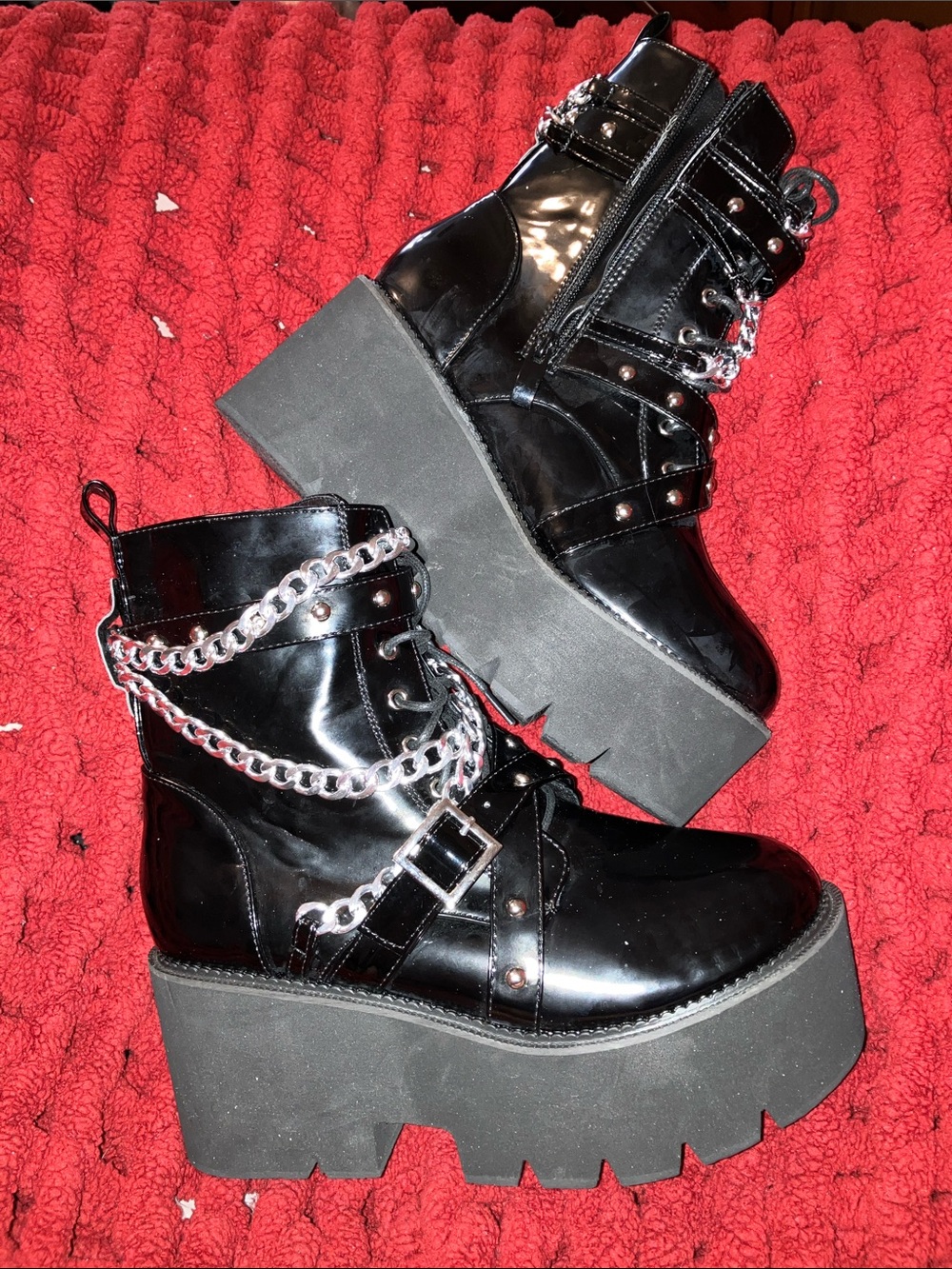 Patent Black Platform Ankle Boots with Chain Detail - Women